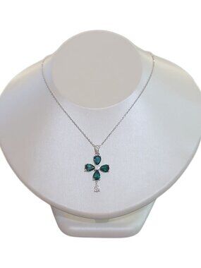 925 Sterling Silver Emerald Green Floral Cross Necklace CZ NWT